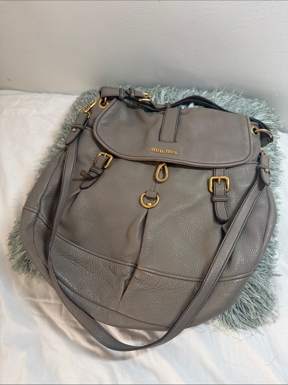 Miu Miu Taupe Pebbled Leather Hobo with Gold Hardware